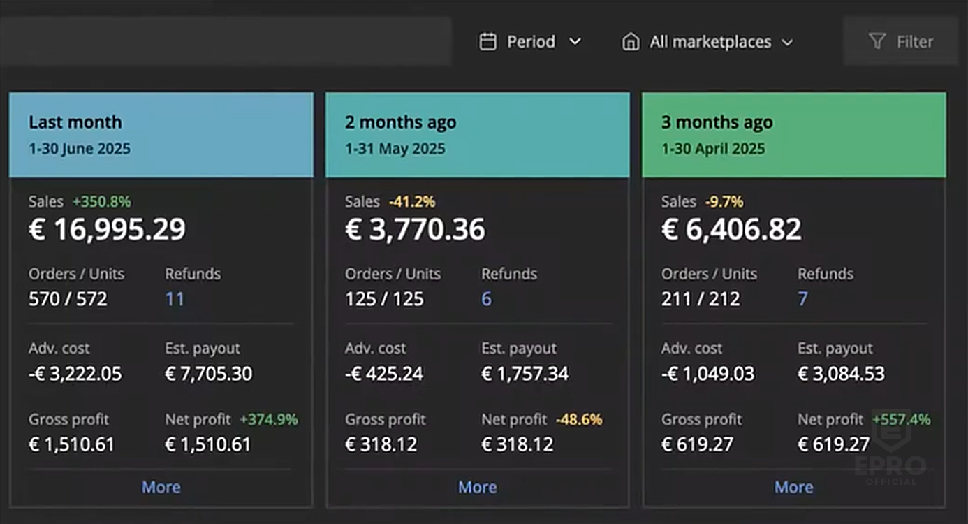 Sellerboard comparison showing June 2025 sales of &euro;16,995.29, 570 orders and &euro;1,510.61 net profit.